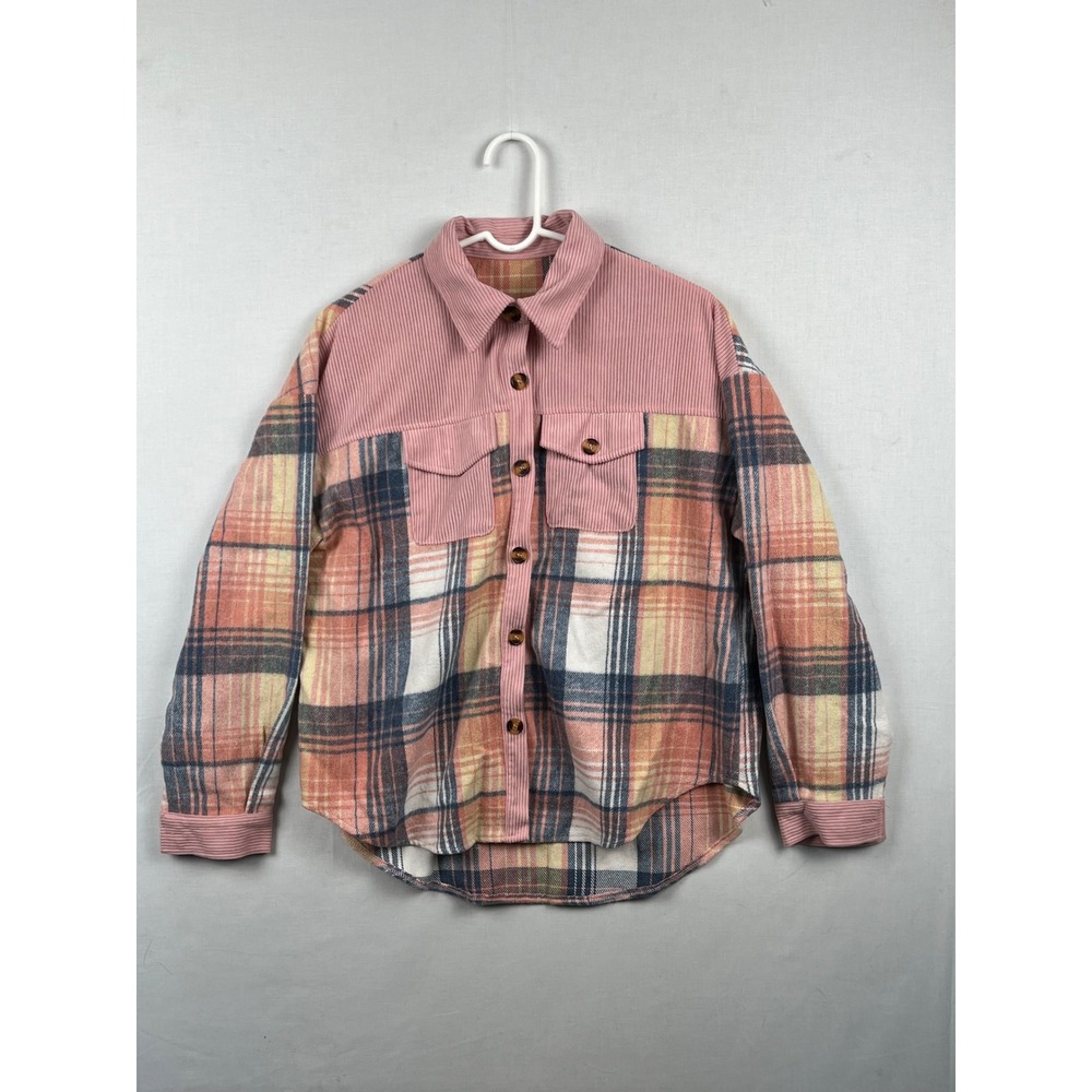 Unbranded Plaid Shacket Womens Medium Corduroy Trim Button Up Pink Multi Color